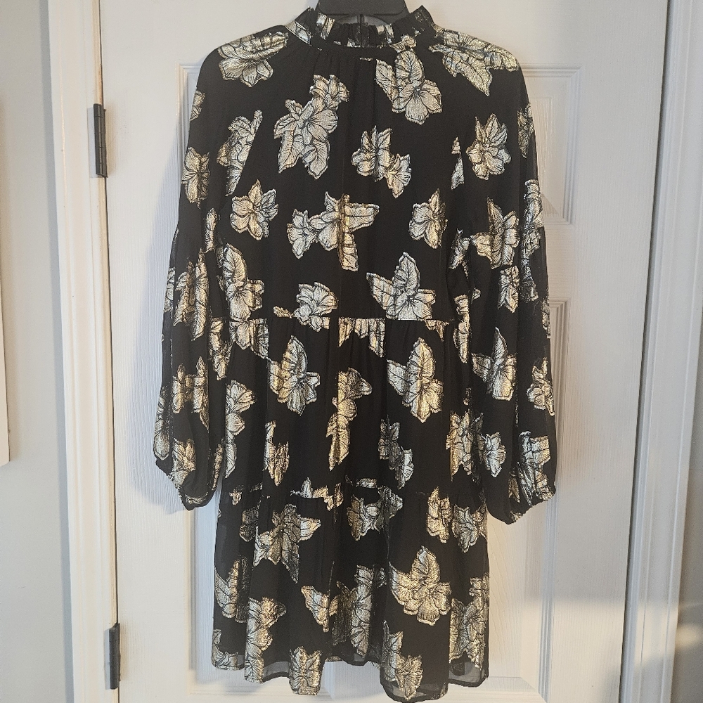 Tommy Bahama Shimmering Shores Longs Sleeve Tiered Dress: Black & Gold Metallic - Picture 4 of 14